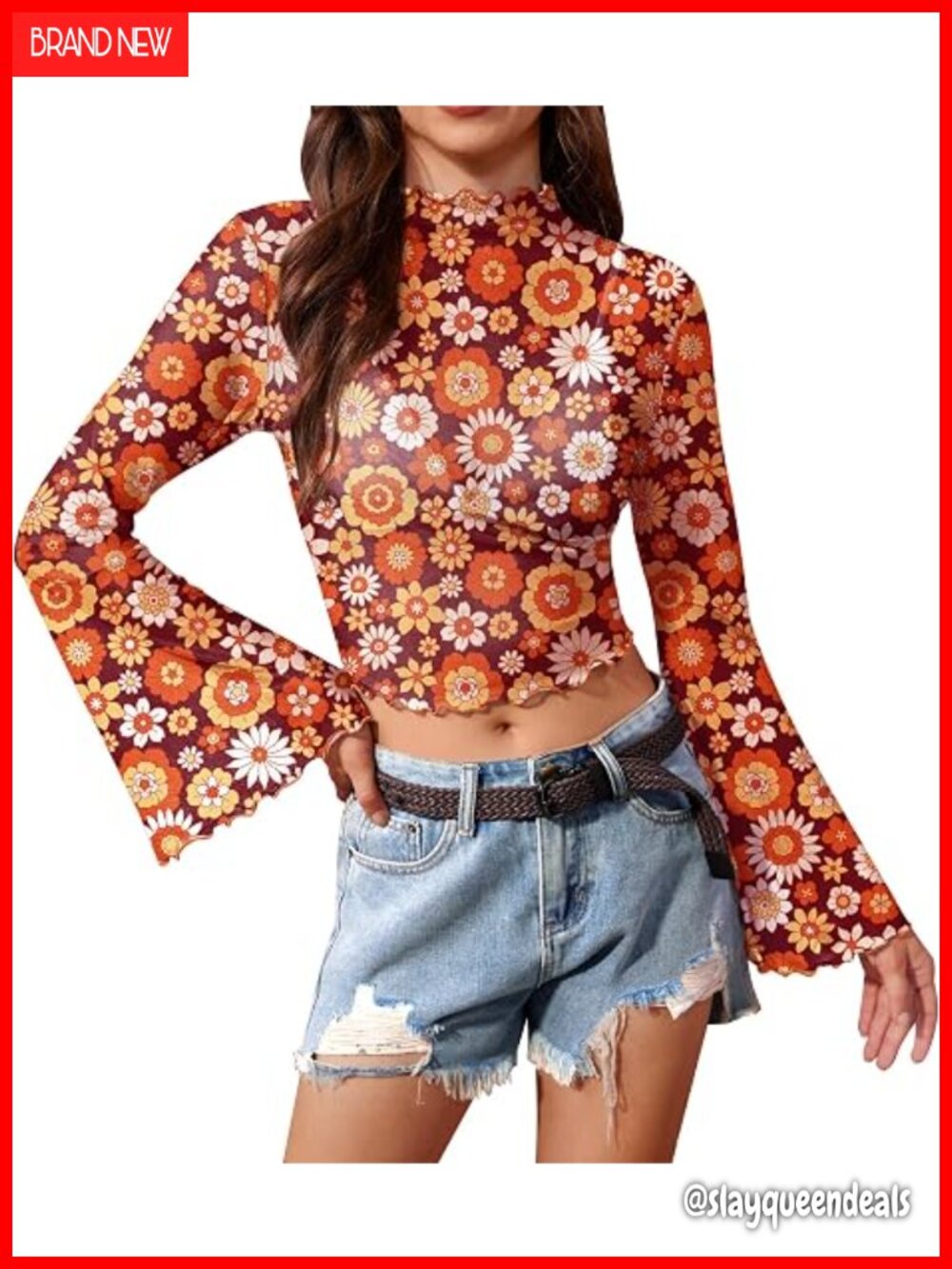 70s Hippie Bell Sleeve Crop Top Sheer Mesh Mock Neck Lettuce Trim